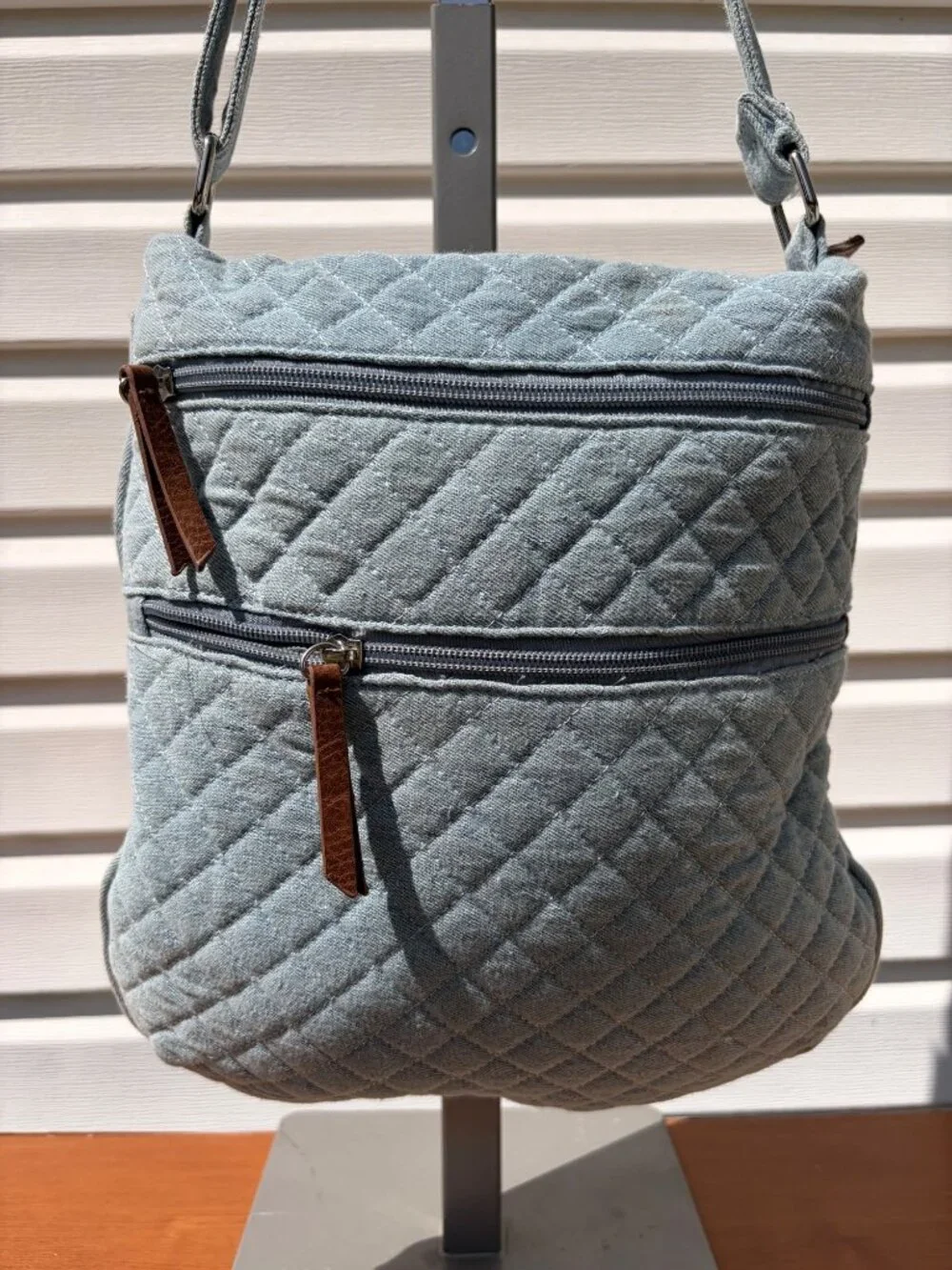 Seven Days Light Blue Quilted Chambray Crossbody Bag Purse Zipper Pockets